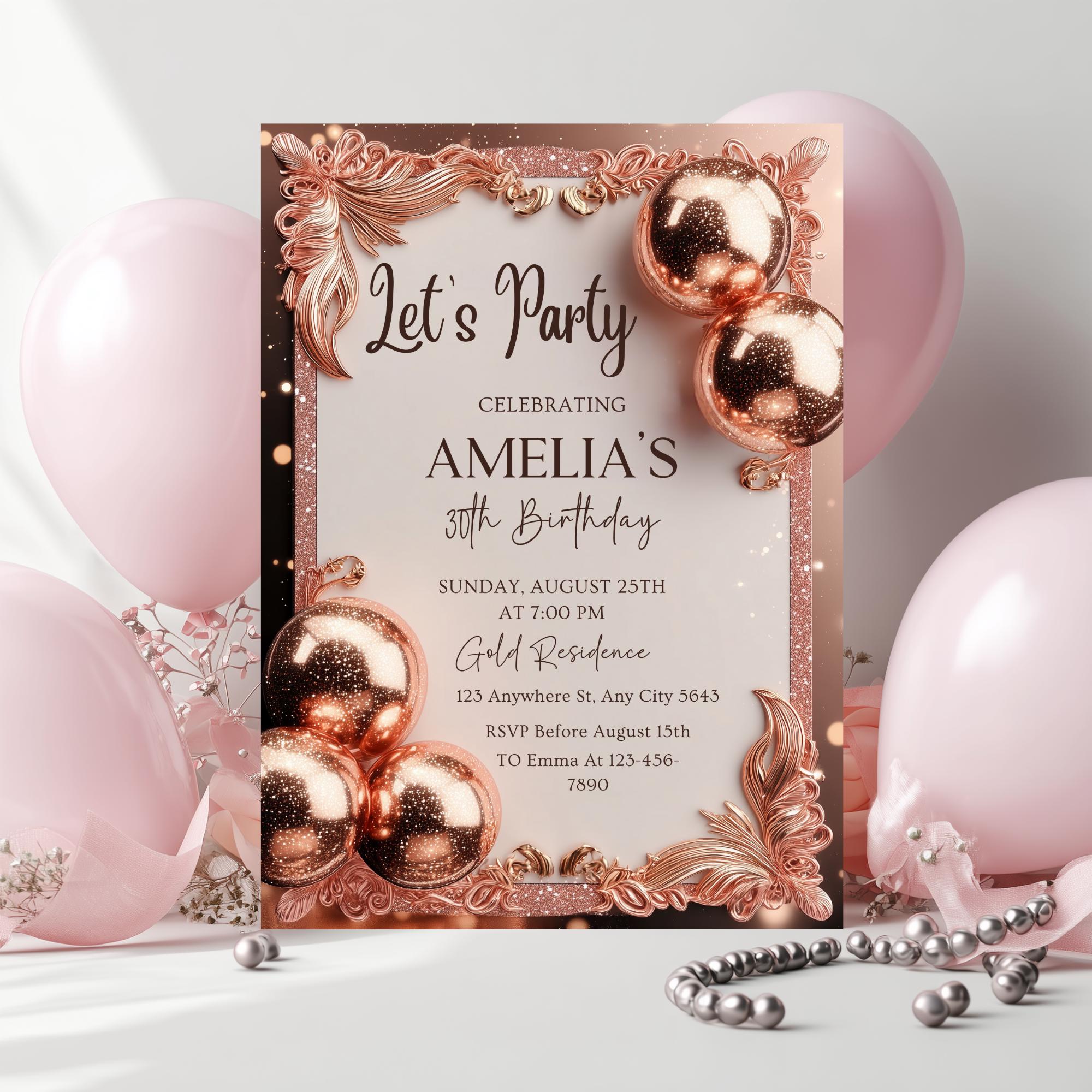 Invit Rose Rose Gold Birthday Dinner Party Invitation for Women, 40th Birthday ...