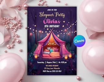 Sleepover Birthday Invitation for Girls Night Slumber Party, Pajamas Party, Movie Night Pink Theme, Editable Canva Template