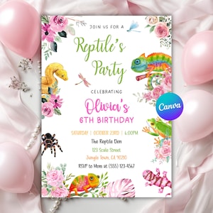 May include: A colourful reptile-themed birthday party invitation featuring illustrations of various reptiles and the text "Reptile's Party" and "Olivia's 6th Birthday". The invitation includes event details and floral accents.
