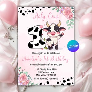 Heilige koe verjaardagsuitnodiging, uitnodiging cowgirl, heilige koe meisje 1e verjaardag uitnodigen, uitnodiging Holly Cow, Barnyard Party, canva bewerkbaar