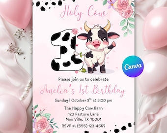 Holy Cow Birthday Invitation, Cowgirl Invitation, Holy Cow Girl 1st Birthday Invite, Holly Cow Invitation, Barnyard Party, Canva Editable