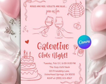 Galantines day invitation, Galantines day Invite, Retro Girl Night Invitation, Printable Galantines Party Invitation Canva Editable Template
