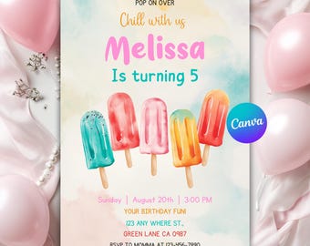 Popsicle-Geburtstagseinladung, Eis-Geburtstags-Einladung, Pop On Over Chill-Sommerparty, Junge-Mädchen-Süße Feier, bearbeitbare Canva-Vorlage
