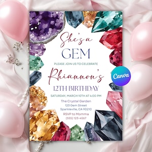 May include: A birthday party invitation with the text "She's a GEM" and "Rhiannon's 12th Birthday." The invitation features watercolor illustrations of colorful gemstones and is surrounded by pink balloons and pearls.