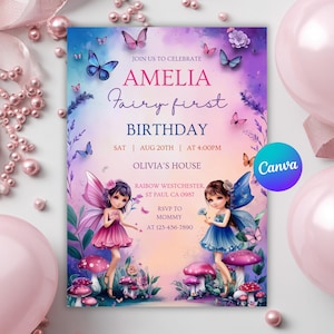妖精の1歳の誕生日招待状、女の子の1歳の誕生日パーティー招待状、魔法のプリンセス妖精の誕生日パーティー、編集可能なCanvaテンプレート
