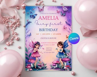 Fairy First Birthday Invitation, Fairy Party 1st Birthday Girl Invite, Magical Princess Fairy Birthday Party, Editable Canva Template