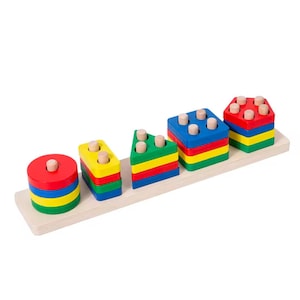 Montessori Wooden Geometric Shape Sorting Puzzle - Educational Stacking Toy with 5 Block for Boys & Girls.