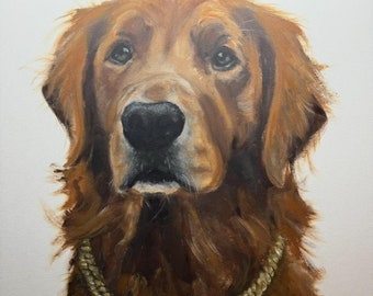 Puede incluir: Una pintura de un perro golden retriever con una cadena de oro. El perro tiene pelo marrón y mira directamente al espectador.