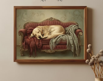 Golden Retriever Sleeping on Sofa, Cozy Dog Wall Art, Vintage Living Room Decor, Rustic Digital Print for Pet Lovers