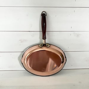 Vintage Copper Pan | Antique Oval Copper Pan with Wood Handle and Tin Interior | Rustic French Kitchen Decor | Small Copper Fish Fry Pan