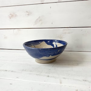 Vintage Handmade Ceramic Pottery Pedestal Bowl | Blue and White Pottery Bowl