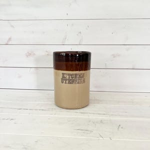 1970’s Vintage Crock | Vintage Kitchen Utensil Crock | Kitchen Utensil Holder  | Vintage Brown Tan Crock