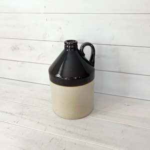 Flawless Antique Vintage Dark Brown and Beige Stoneware Crock Jug | Farmhouse Jug Vase | Vintage Brown Whiskey Jug With Handle