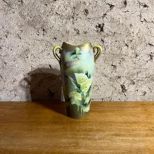 Antique Nippon Porcelain Vase Hand Painted Floral Water Scene