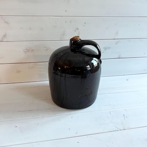 Large Antique Primitive Jug |  Dark Brown Black Salt Glaze Stoneware Crock Vase | Vintage Farmhouse Pottery Whiskey Jug