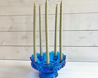 Vintage Fenton blå Hobnail glas ljusstake