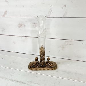 Beautiful Vintage Ormolu Ornate Gilt Bud Vase with Angel Cherub Motifs Hollywood Regency Style