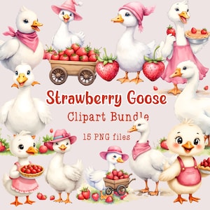 Strawberry Goose Clipart Bundle, Strawberry Geese, Cottagecore Clipart, Summer Strawberries Clipart, 15 PNG Files, Commercial Use Clipart