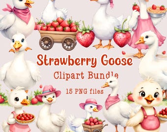 Strawberry Goose Clipart Bundle, Strawberry Geese, Cottagecore Clipart, Summer Strawberries Clipart, 15 PNG Files, Commercial Use Clipart