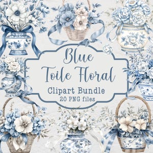 Blauwe bloemen toile clipartbundel, 20 png-bestanden, aquarel bloemen clipart, bloemen in vazen en manden, chinoiserie clipart Frans land