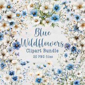 Blue Wildflowers Clipart Bundle, Watercolor Floral Clipart, Spring & Summer Wildflowers, 20 PNG Files, Wedding Flowers, Commercial Use