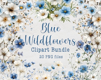 Blue Wildflowers Clipart Bundle, Watercolor Floral Clipart, Spring & Summer Wildflowers, 20 PNG Files, Wedding Flowers, Commercial Use