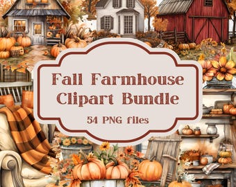 Fall Farmhouse Clipart Bundle, Cozy Autumn Clipart Images, 54 PNG Files, Watercolor Clipart, Fall Floral Clipart,  Commercial Use Clipart