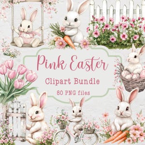 Rosa Ostern Clipart Bundle, Pastell Ostergrafiken, 80 PNG-Dateien, Clipart für kommerzielle Nutzung, Aquarell Frühling Clipart-Set, Bauernhaus Ostern