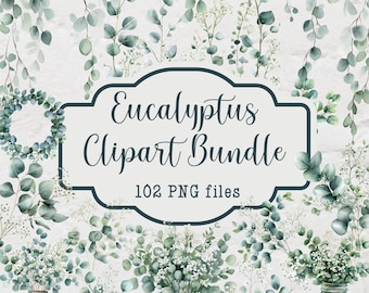 May include: A digital clipart bundle of 102 watercolor illustrations of eucalyptus leaves and branches. The illustrations are in shades of green and white and are perfect for creating invitations, cards, and other paper crafts.