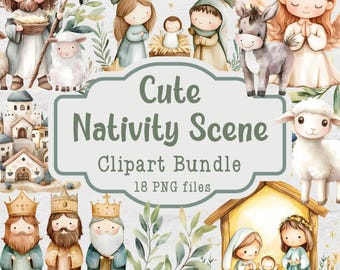 May include: A watercolor illustration set of 18 PNG files featuring a cute Nativity scene. The set includes characters like Mary, Joseph, baby Jesus, angels, shepherds, and animals. The illustrations are in a soft, pastel color palette and have a whimsical, hand-painted style.