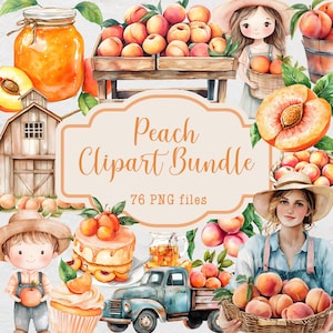Peach Clipart Bundle, Watercolor Peaches, 76 PNG Files, Commercial Use Clipart, Watercolor Spring and Summer Clipart, Farmhouse Graphics