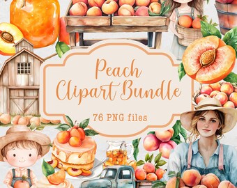 Peach Clipart Bundle, Watercolor Peaches, 76 PNG Files, Commercial Use Clipart, Watercolor Spring and Summer Clipart, Farmhouse Graphics