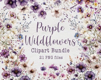 Purple Wildflowers Clipart Bundle, Watercolor Floral Clipart, Spring & Summer Wildflowers, 21 PNG Files, Wedding Flowers, Commercial Use