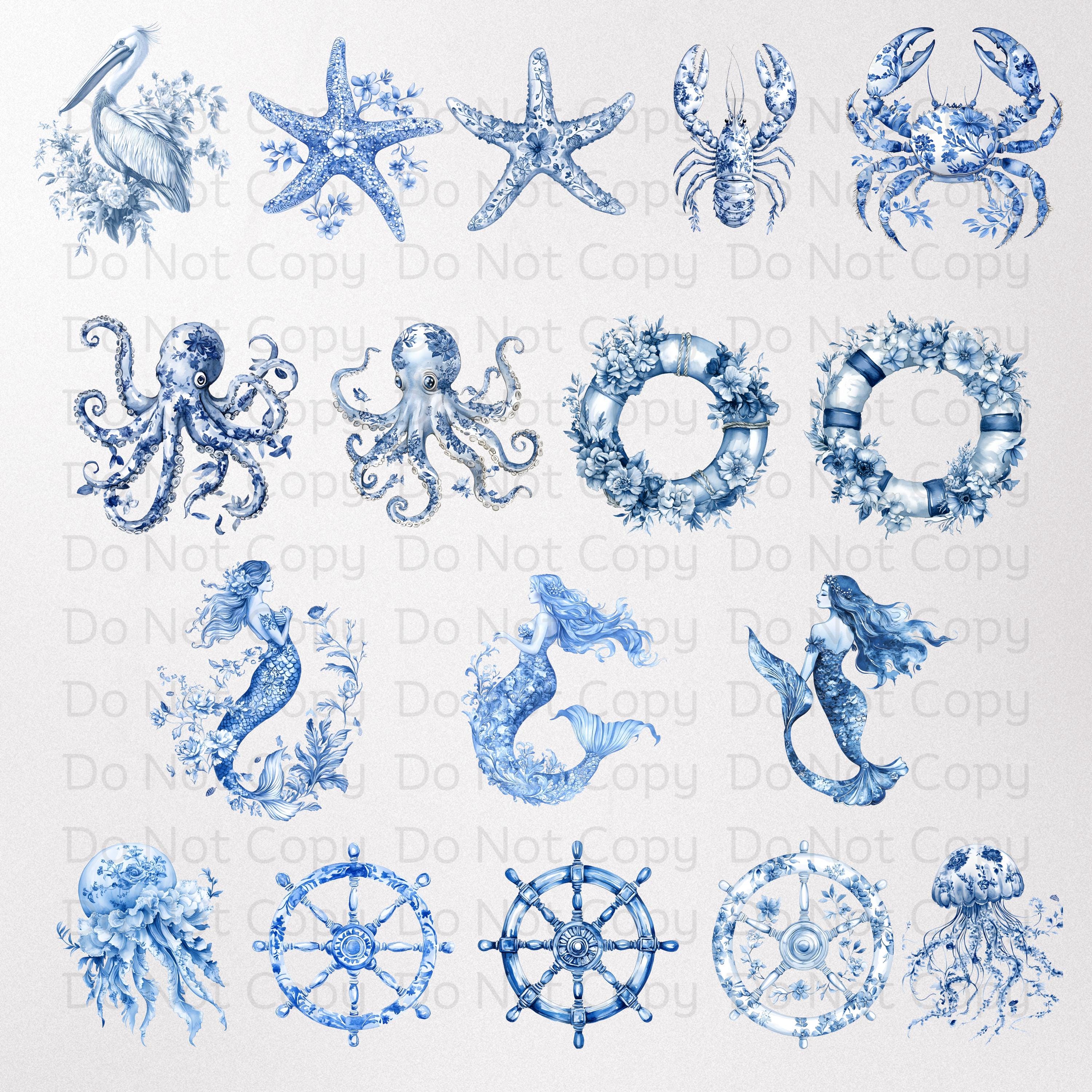 Nautical Blue Toile Clipart Bundle, Watercolor Ocean Toile Graphics, 58 ...