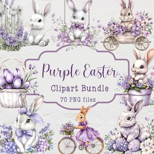 Paarse Pasen clipartbundel, pastel paasafbeeldingen, 70 png-bestanden, commercieel gebruik clipart, aquarel lente clipart set, boerderij Pasen