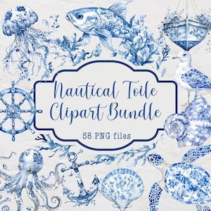 Bundle de cliparts toile bleu nautique, aquarelle océan toile graphiques, 58 fichiers PNG, usage commercial des cliparts chinoiseries, toile de Jouy Français