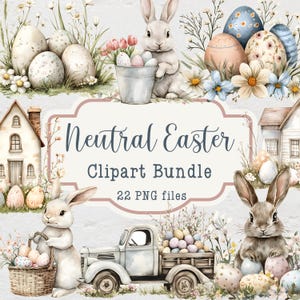 Neutrales Oster-Clipart-Bundle, rustikale Ostergrafiken, 22 PNG-Dateien, kommerzielle Nutzung Clipart, Aquarell Frühling Clipart, Bauernhaus Ostern