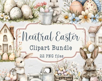 May include: A digital clipart bundle of 22 PNG files featuring neutral Easter illustrations. The illustrations include bunnies, eggs, houses, a truck, and flowers in shades of white, gray, brown, and pink.