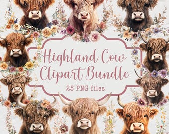 Cute Highland Cow Clipart Bundle, 25 PNG Files, Boho Highland Cow, Highland Cow with Flowers, Watercolor Clipart Bundle, Commercial Use