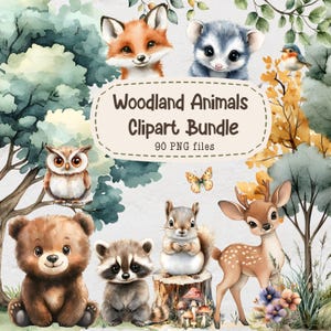 Pacchetto di clipart di animali del bosco, immagini di boschi acquerellati, 90 file PNG, clipart di vivaio, clipart di simpatici cuccioli, clipart per uso commerciale
