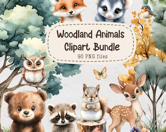 Woodland Animals Clipart Bundle, Watercolor Woodland Images, 90 PNG Files, Nursery Clipart, Cute Baby Animal Clipart, Commercial Use Clipart