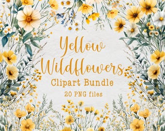 Yellow Wildflowers Clipart Bundle, Watercolor Floral Clipart, Spring & Summer Wildflowers, 20 PNG Files, Wedding Flowers, Commercial Use