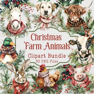 Weihnachten Clipart Bundle, Weihnachten Bauernhof Tiere, 30 Winter Tiere PNG-Dateien, kommerzielle Nutzung Clipart, Aquarell Weihnachten Bauernhof Clipart