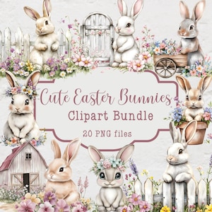 Niedliche Osterhasen Clipart Bundle, Ostergrafiken, 20 PNG-Dateien, kommerzielle Nutzung Clipart, Aquarell Frühling Clipart, Osterhase Bauernhaus