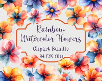 Rainbow Watercolor Flowers Clipart Bundle, Floral Clipart, Spring & Summer Wildflowers, 24 PNG Files, Wedding Flowers, Commercial Use, 004