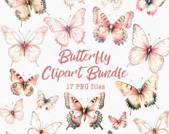 Watercolor Butterfly Clipart Bundle, Watercolor Butterflies, 17 PNG Files, Elegant Blush Pink Butterflies, Commercial Use Clipart Pack