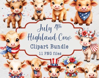 July 4th Highland Cow Clipart Bundle, 11 PNG Files, Patriotic Highland Cow, Fourth of July Highland Cow Watercolor Clipart Bundle