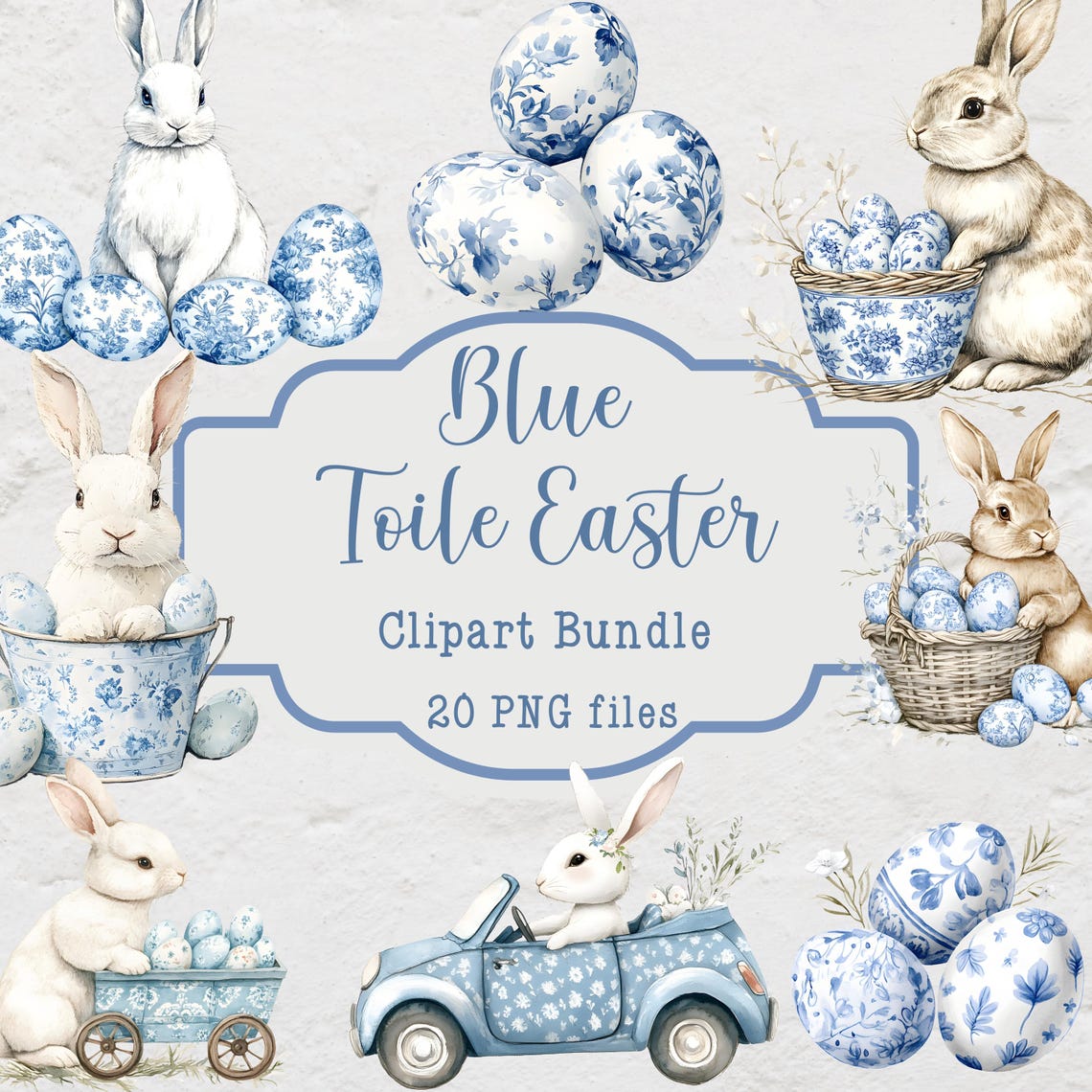 Spring Toile Blue Blue Toile Easter Clipart Bundle, Blue Easter Graphics, 20 PNG Files ...