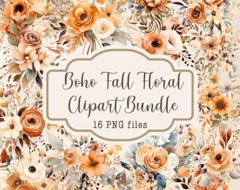 Paquete de imágenes prediseñadas de flores de otoño boho, imágenes prediseñadas florales de otoño, 16 archivos PNG, imágenes prediseñadas florales de boda en acuarela, imágenes prediseñadas de uso comercial