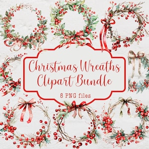 Pacote de clipart de guirlandas de Natal, imagens de clipart de Natal, 8 arquivos PNG florais, clipart de uso comercial, clipart de inverno em aquarela
